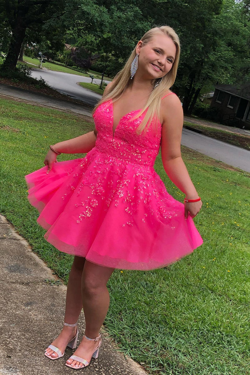 Hot Pink Deep V Neck Lace-Up Appliques A-line Homecoming Dress
