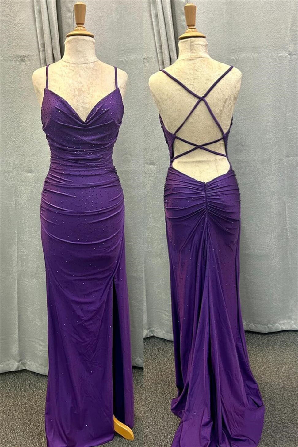 Purple Cowl Neck Mermaid Satin Long Prom Dress with Slit