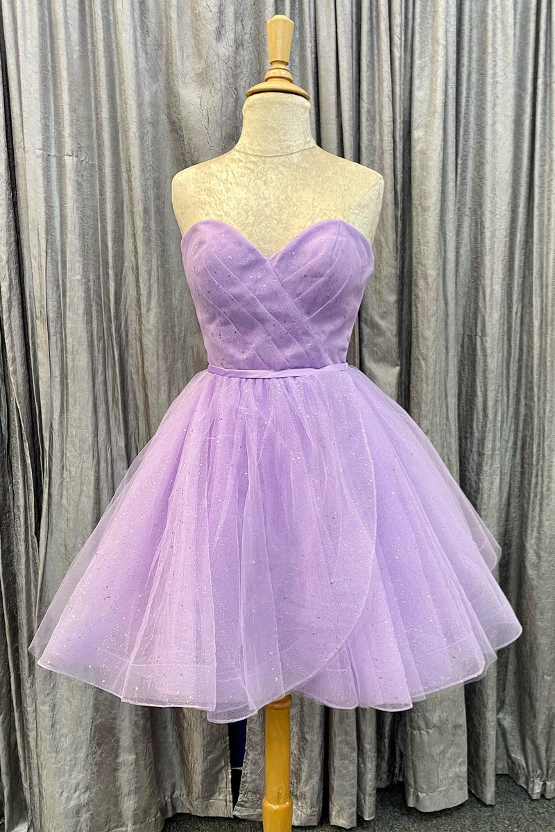 Lavender Faux-Wrap Strapless Sweetheart Pleated Tulle Homecoming Dress