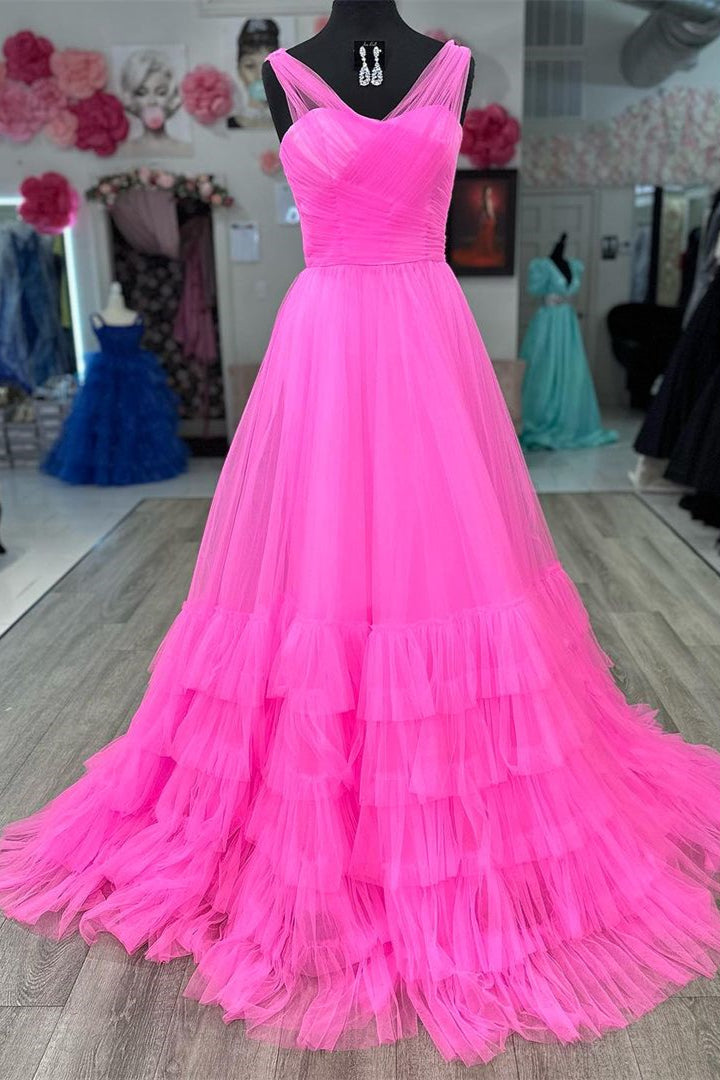 Hot Pink Illusion Strapless A-line Layers Tulle Long Prom Dress