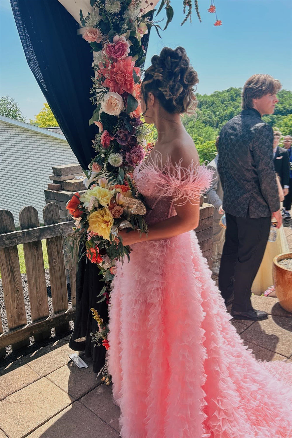 Pink Off-the-Shoulder Feathers Ruffle-Layers Beaded Long Prom Dress ...