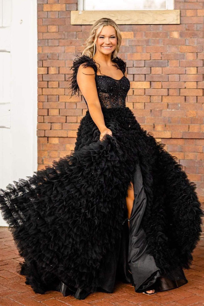 Black Off-the-Shoulder Feathers Ruffle-Layers Beaded Long Prom Dress