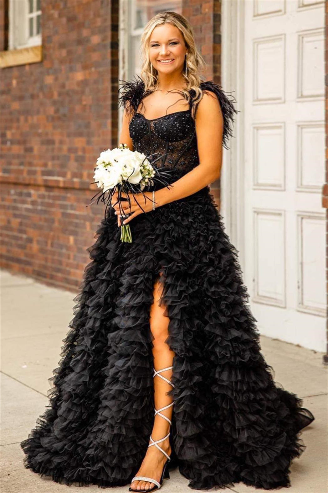 Black Off-the-Shoulder Feathers Ruffle-Layers Beaded Long Prom Dress