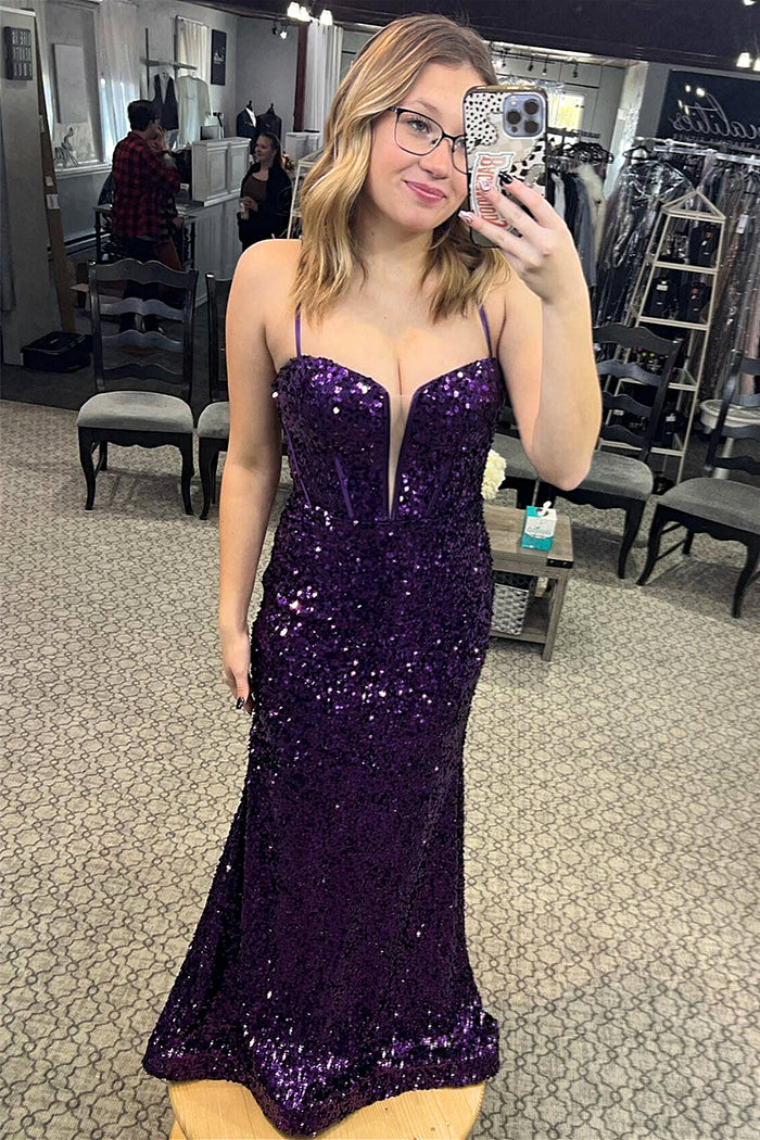 Purple Sequins Spaghetti Straps Mermaid Long Prom Dress