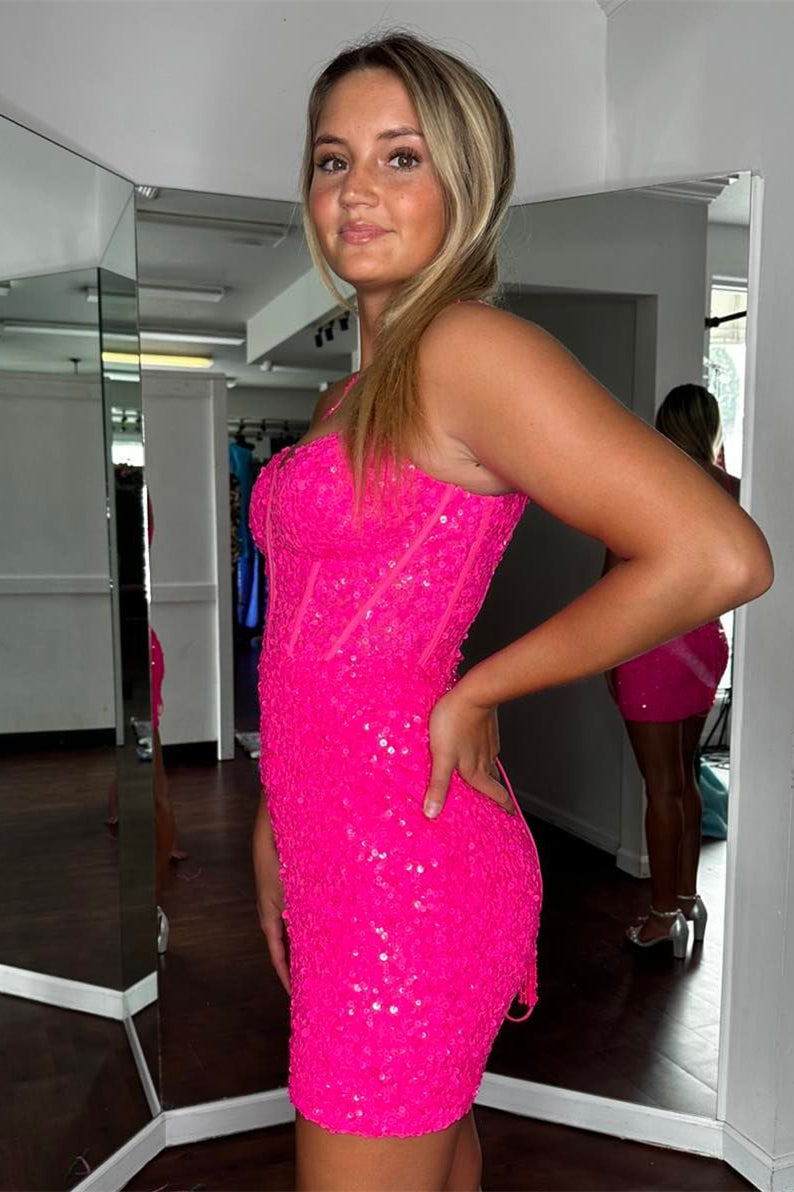 Hot Pink Lace-Up Sequins Sheath Homecoming Dress