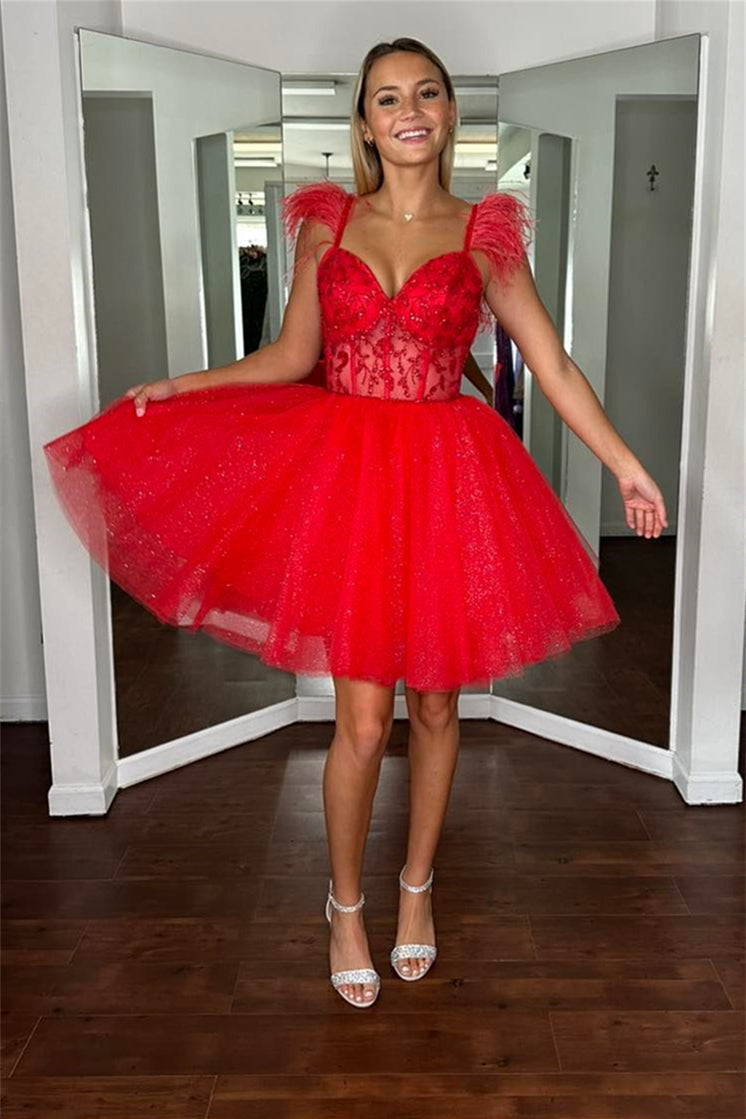 Red Feather Straps A-line Appliques Homecoming Dress