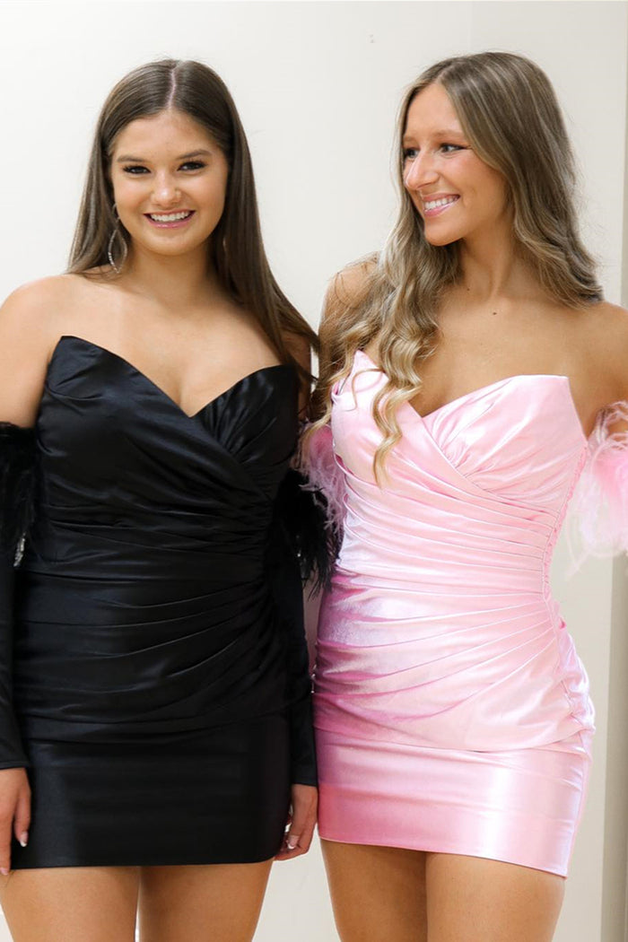 Black & Pink Strapless Surplice Satin Homecoming Dress with Feathered Sleeves