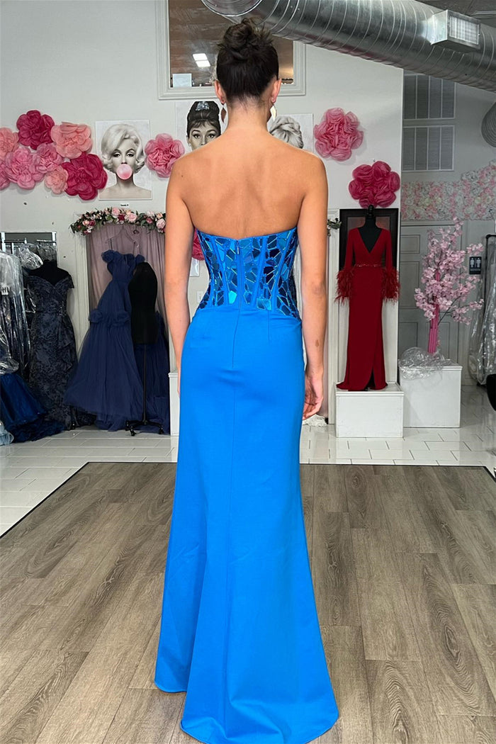 Royal Blue Mirror-Cut Sequins Strapless Mermaid Long Prom Dress with Slit