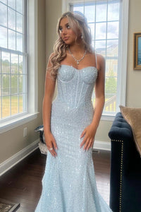 Light Blue Sequins Straps Mermaid Long Prom Dress