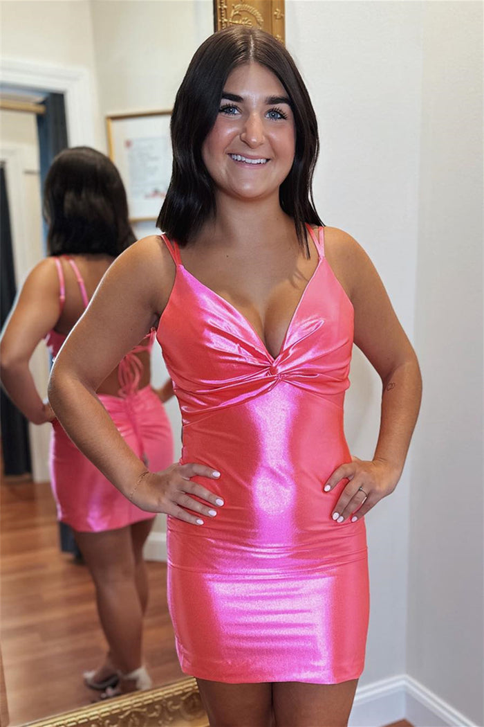 Hot Pink Satin Plunging V Neck Sheath Lace-Up Homecoming Dress
