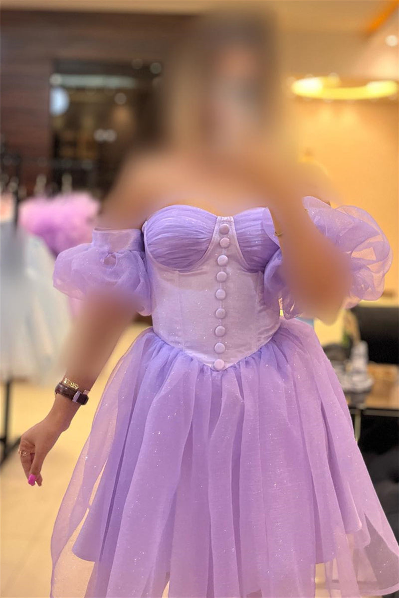 Lavender Off-the-Shoulder A-line Buttons Homecoming Dress