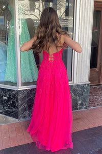 Hot Pink Strapless Floral Appliques A-line Long Prom Dress with Slit