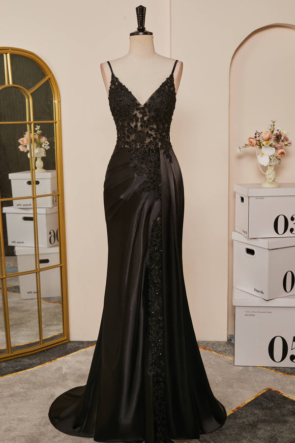 Black Mermaid Pluning V Appliques Long Prom Dress with Slit – Dreamdressy