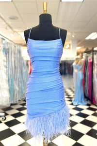 Light Blue Lace-Up Sheath Homecoming Dress with Feathers