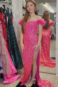 Hot Pink Feathered Off-Shoulder Mermaid Sequins Long Prom Dress with Slit