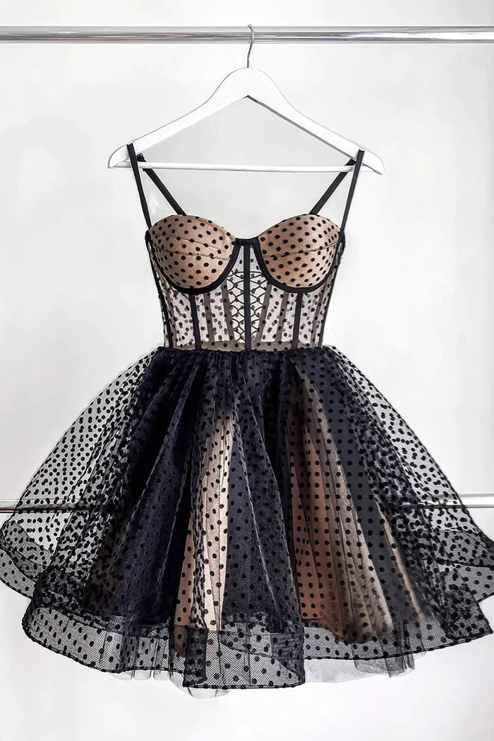 Black Dots Lace-Up Straps Homecoming Dress