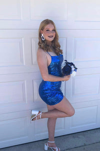 Royal Blue Sequined Faux-Wrap Straps Sheath Homecoming Dress