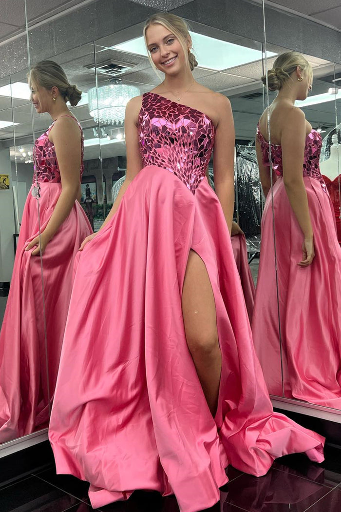 Hot Pink One Shoulder Mirror-Cut Sequins Top Long Prom Dress with Slit