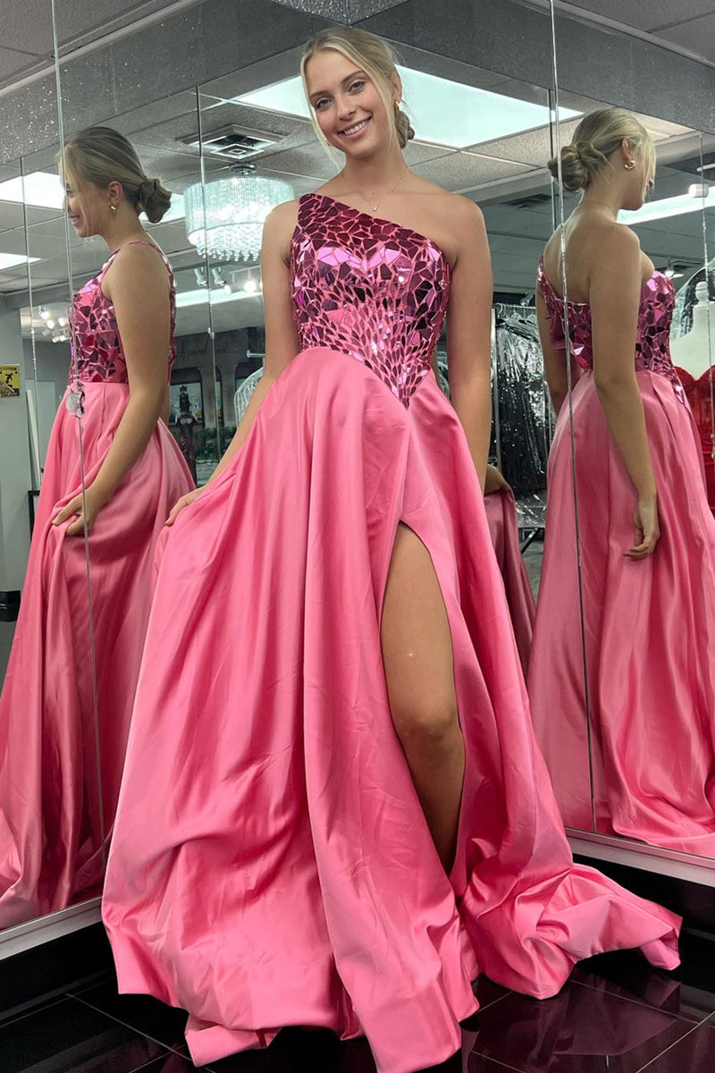 Hot Pink One Shoulder Mirror-Cut Sequins Top Long Prom Dress with Slit
