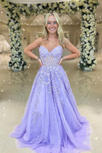 Lavender Strapless Appliques A-line Tulle Long Prom Dress
