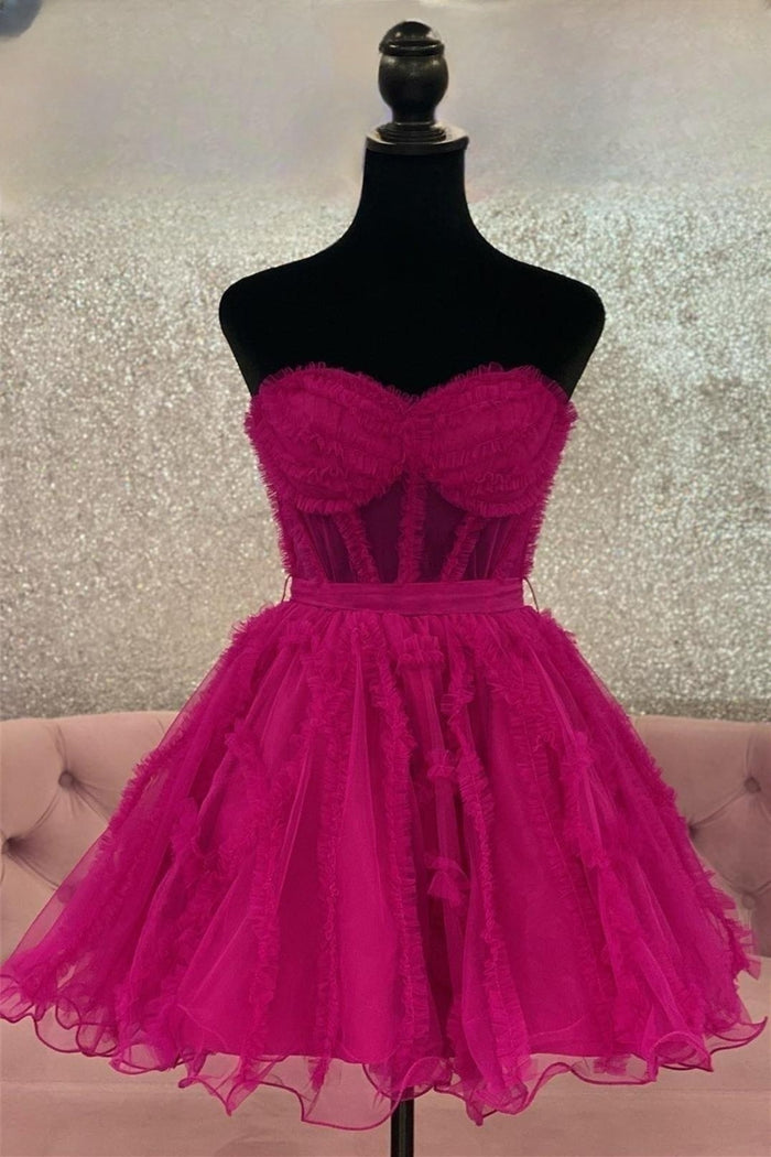 Fuchsia Strapless Tulle Ruffles A-line Homecoming Dress