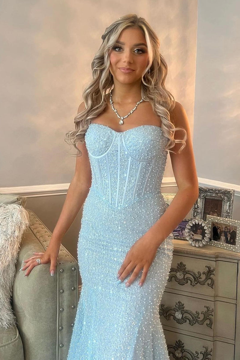 Light Blue Sequins Straps Mermaid Long Prom Dress