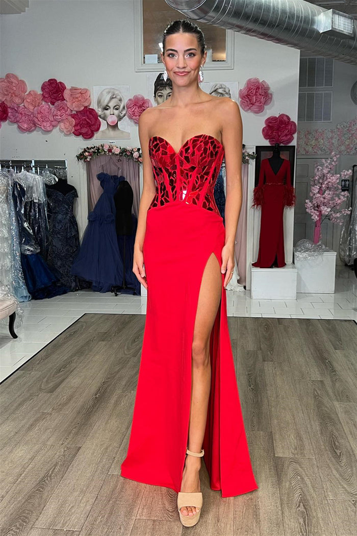 Red Mirror-Cut Sequins Strapless Mermaid Long Prom Dress with Slit