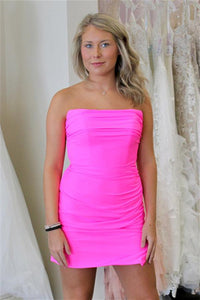 Hot Pink Strapless Lace-Up Sheath Homecoming Dress