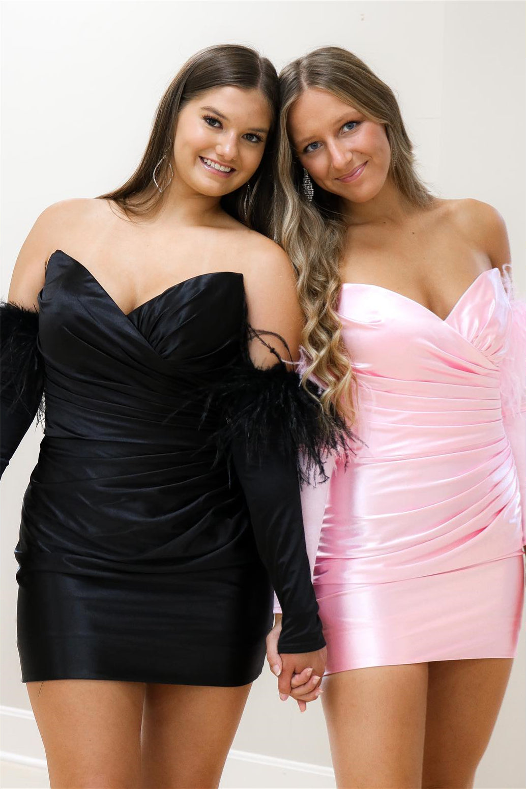 Black & Pink Strapless Surplice Satin Homecoming Dress with Feathered Sleeves