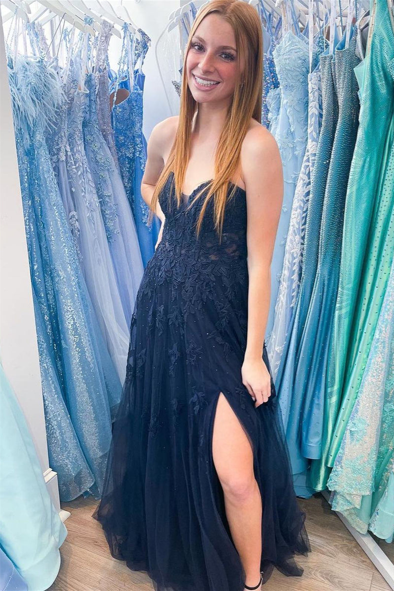 Dark Navy Strapless Floral Appliques A-line Long Prom Dress with Slit