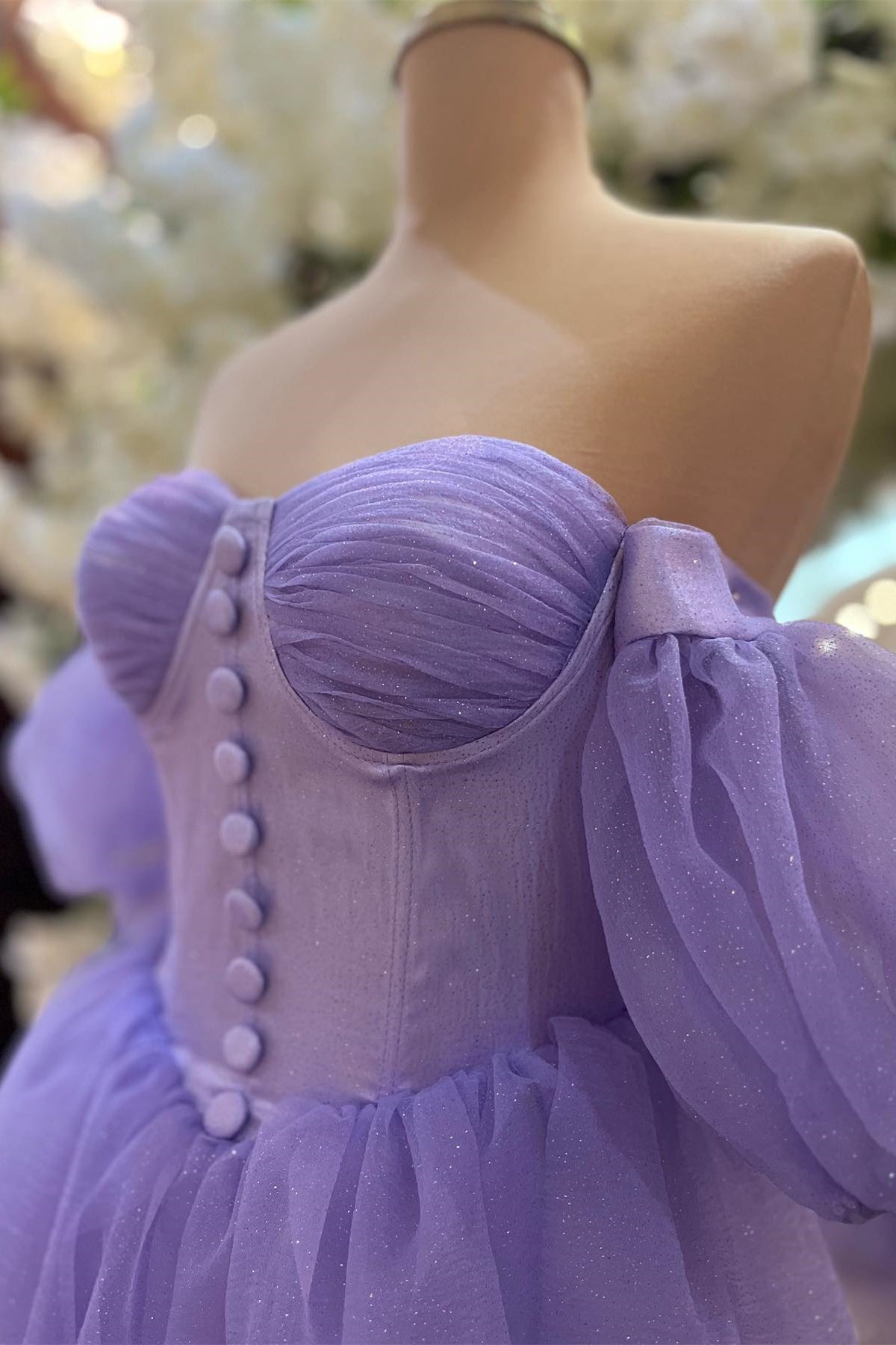Lavender Off-the-Shoulder A-line Buttons Homecoming Dress