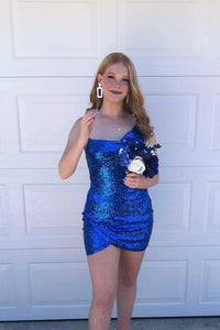 Royal Blue Sequined Faux-Wrap Straps Sheath Homecoming Dress