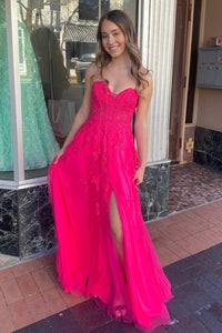 Hot Pink Strapless Floral Appliques A-line Long Prom Dress with Slit