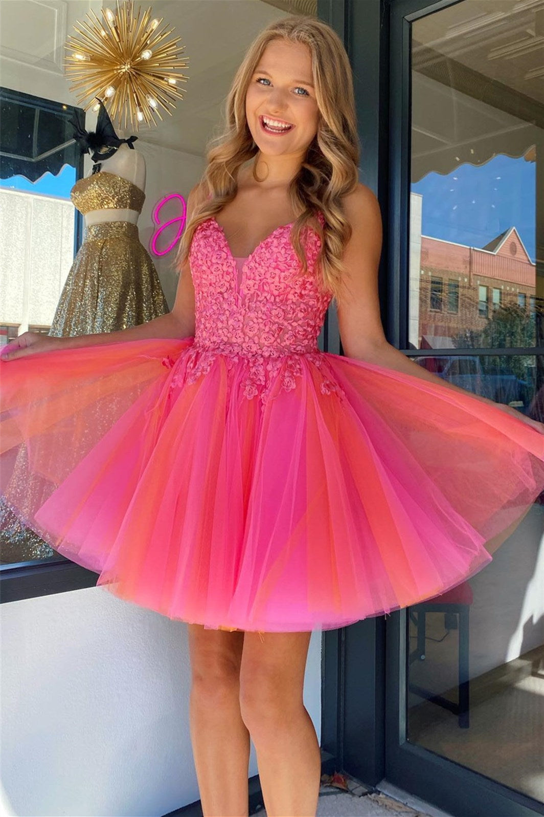 Hot Pink V Neck Straps Appliques Tulle Homecoming Dress