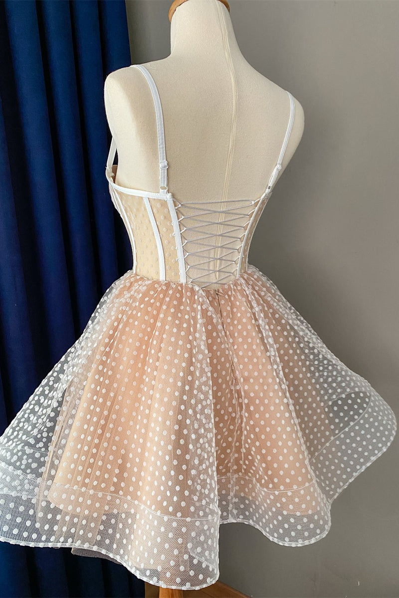 Blush Pink Dots Lace-Up Straps Homecoming Dress