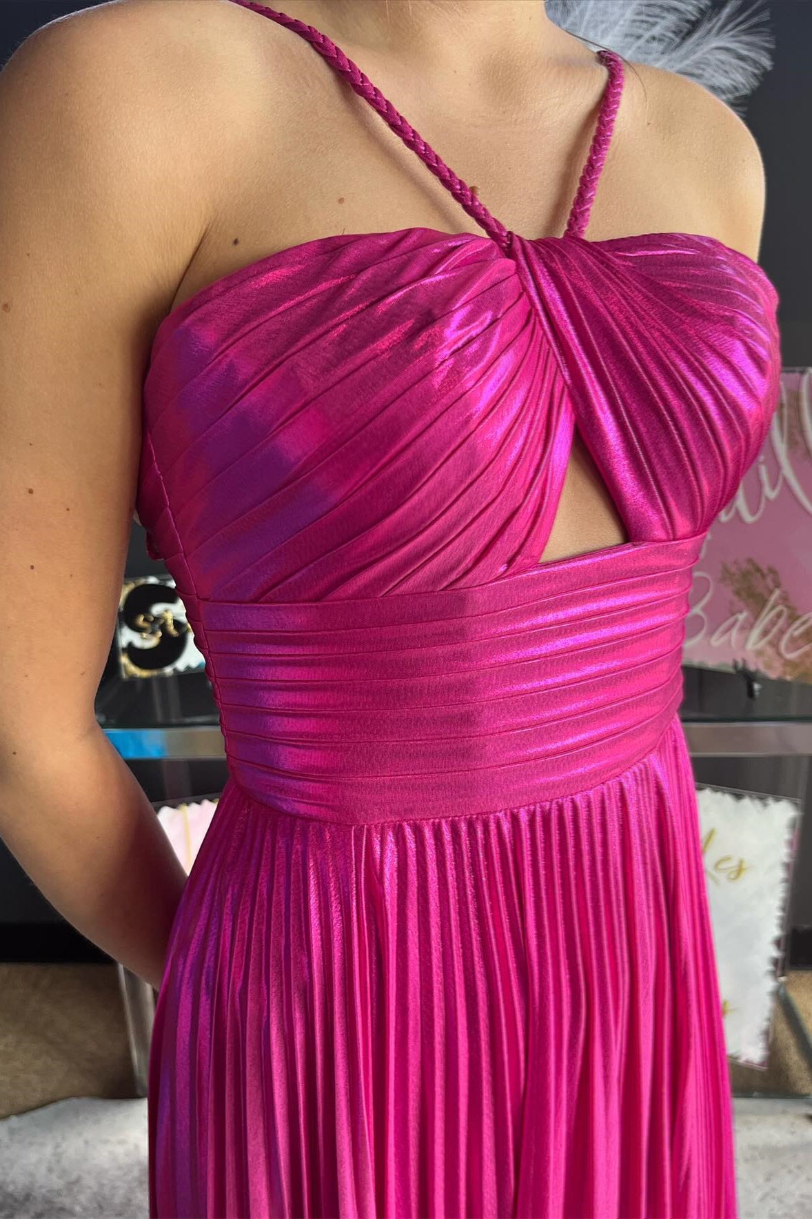 Fuchsia Spaghetti Straps Metallic Keyhole Long Prom Dress with Slit
