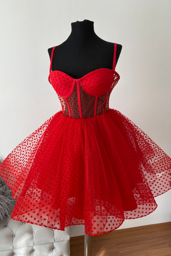 Red Dots Lace-Up Straps Homecoming Dress