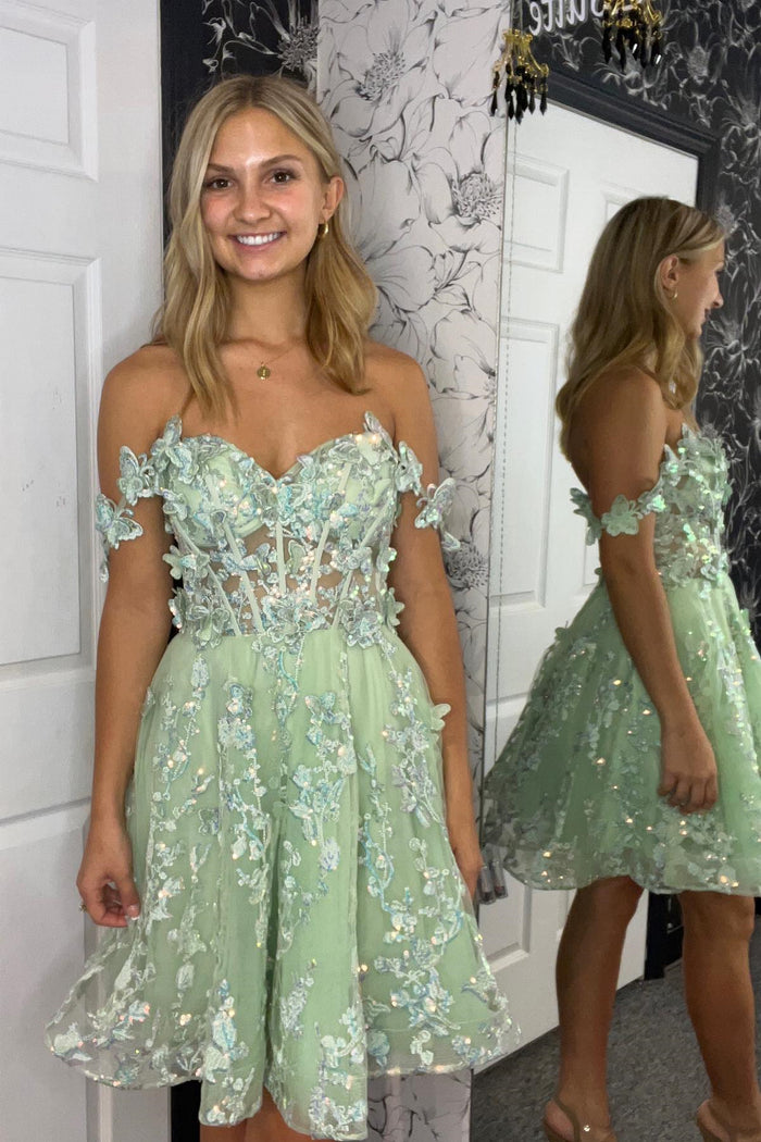 Sage Green A-line Off-the-Shoulder 3D Appliques Homecoming Dress