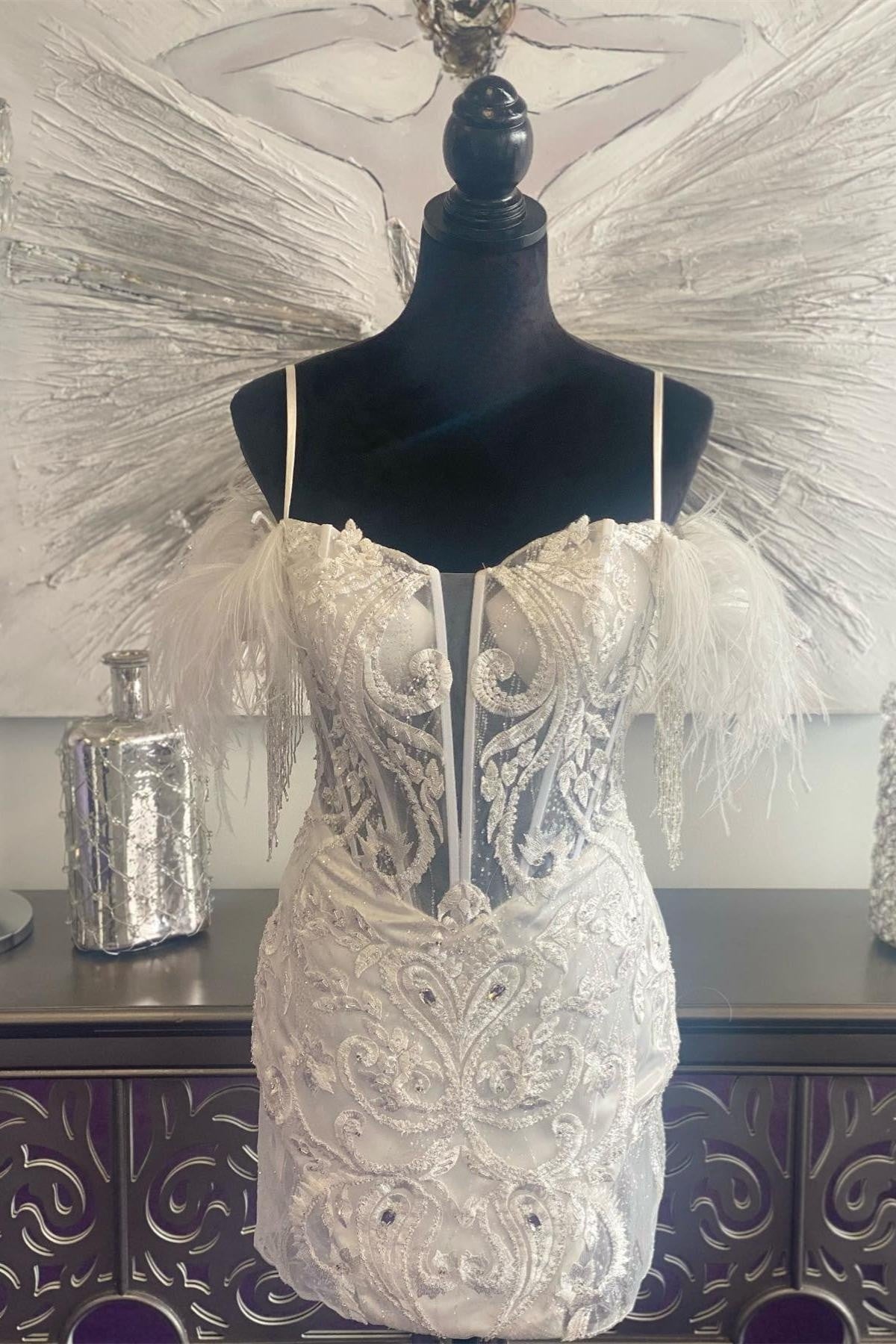 White Plunging V Neck Off-the-Shoulder Appliques Homecoming Dress with Feathers