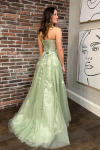 Sage Green Strapless Floral A-line Long Prom Dress with Slit