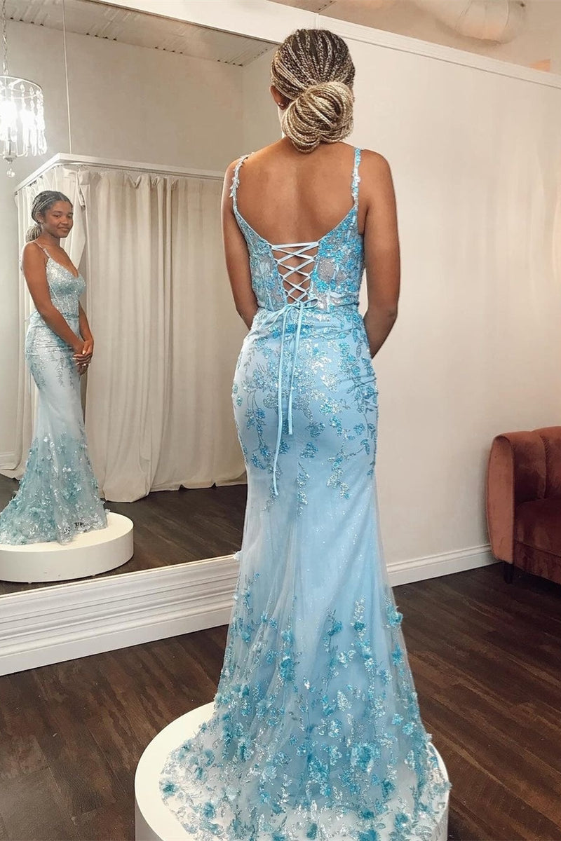 Light Blue Floral Mermaid Long Prom Dress with Detachable Layered Train
