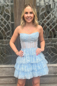 Ligh Blue Strapless A-line Multi-Layers Beaded Homecoming Dress