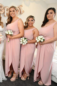 Pink One Shoulder Faux-Wrap Satin Long Bridesmaid Dress