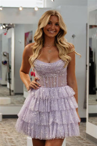 Lavender Strapless A-line Multi-Layers Beaded Homecoming Dress