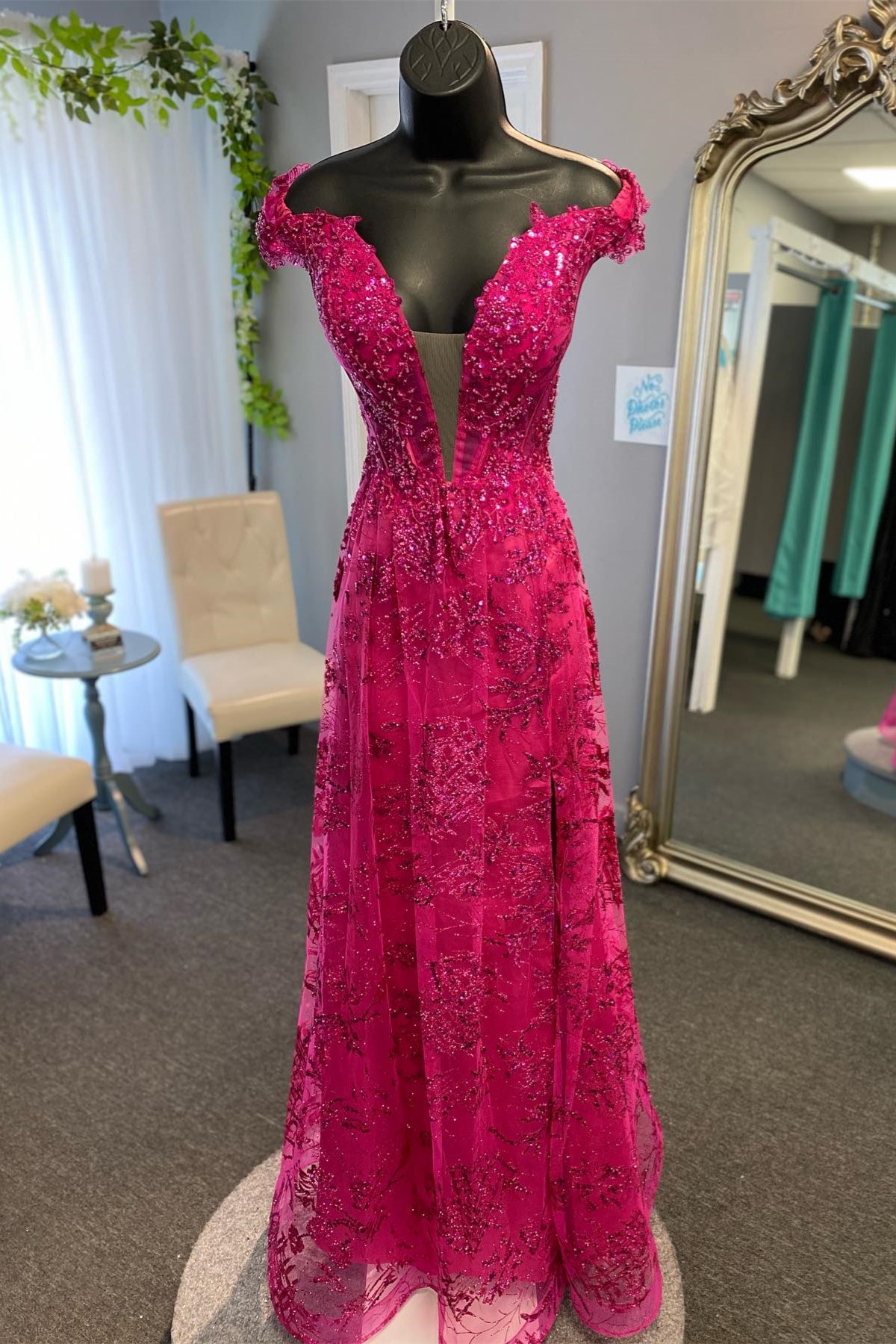 Fuchsia Off-the-Shoukder Floral A-line Long Prom Dress