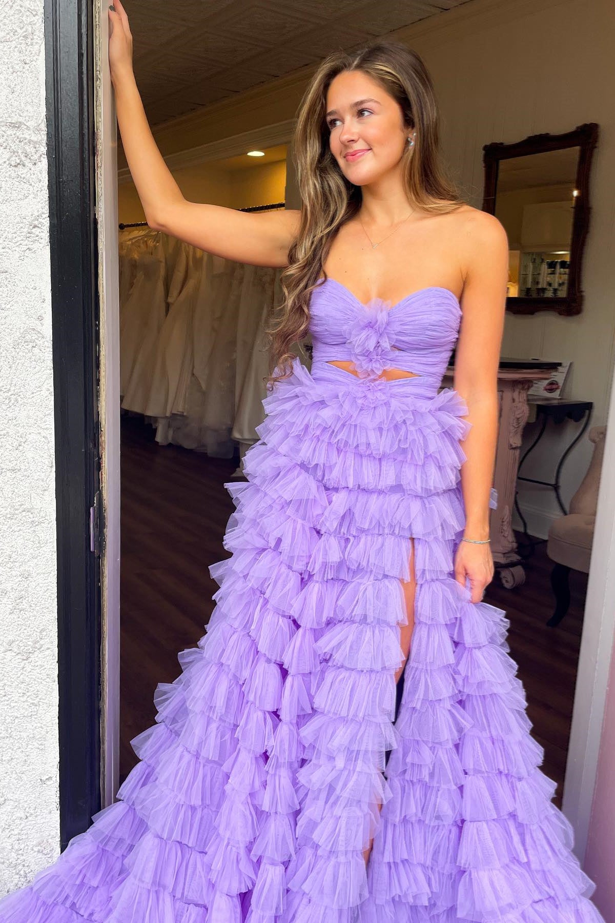 Lavender Strapless Layers A-line Ruffled Long Prom Dress with Slit