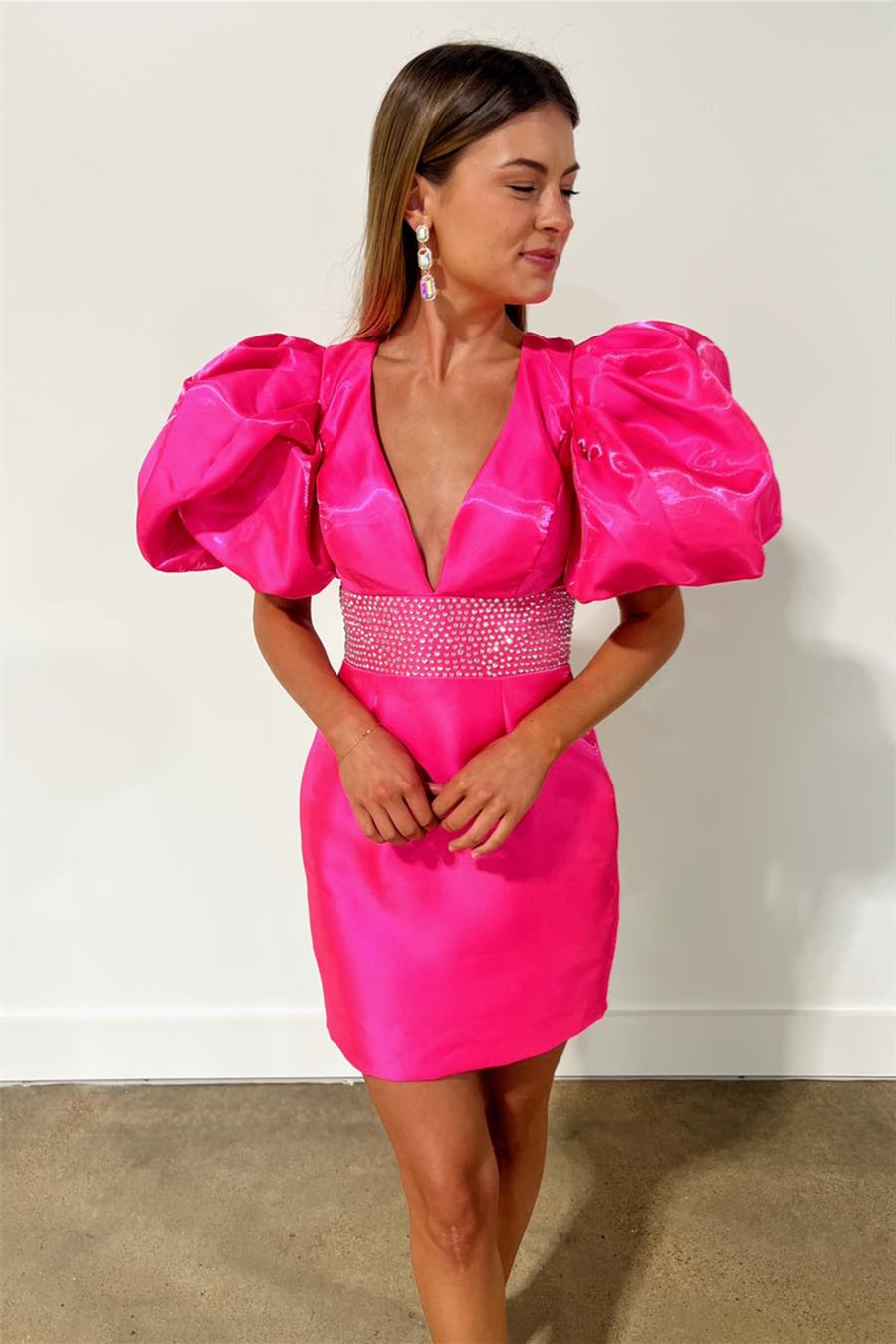 Hot Pink Plunging V Neck Puff Sleeves Beaded Sheath Homecoming Dress