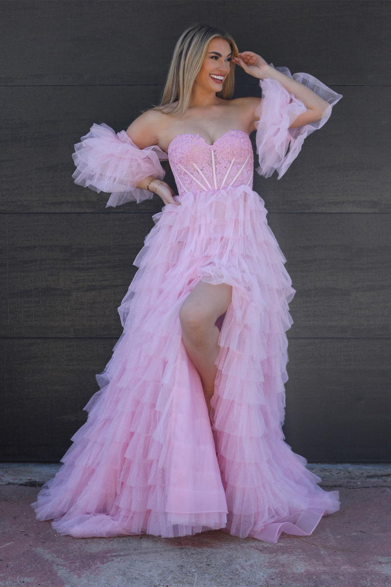 Two Piece Dusty Pink Long Prom Dress Puff Sleeve Formal Dresses