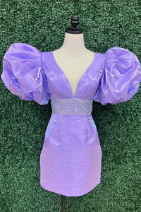 Lavender Plunging V Neck Puff Sleeves Beaded Sheath Homecoming Dress