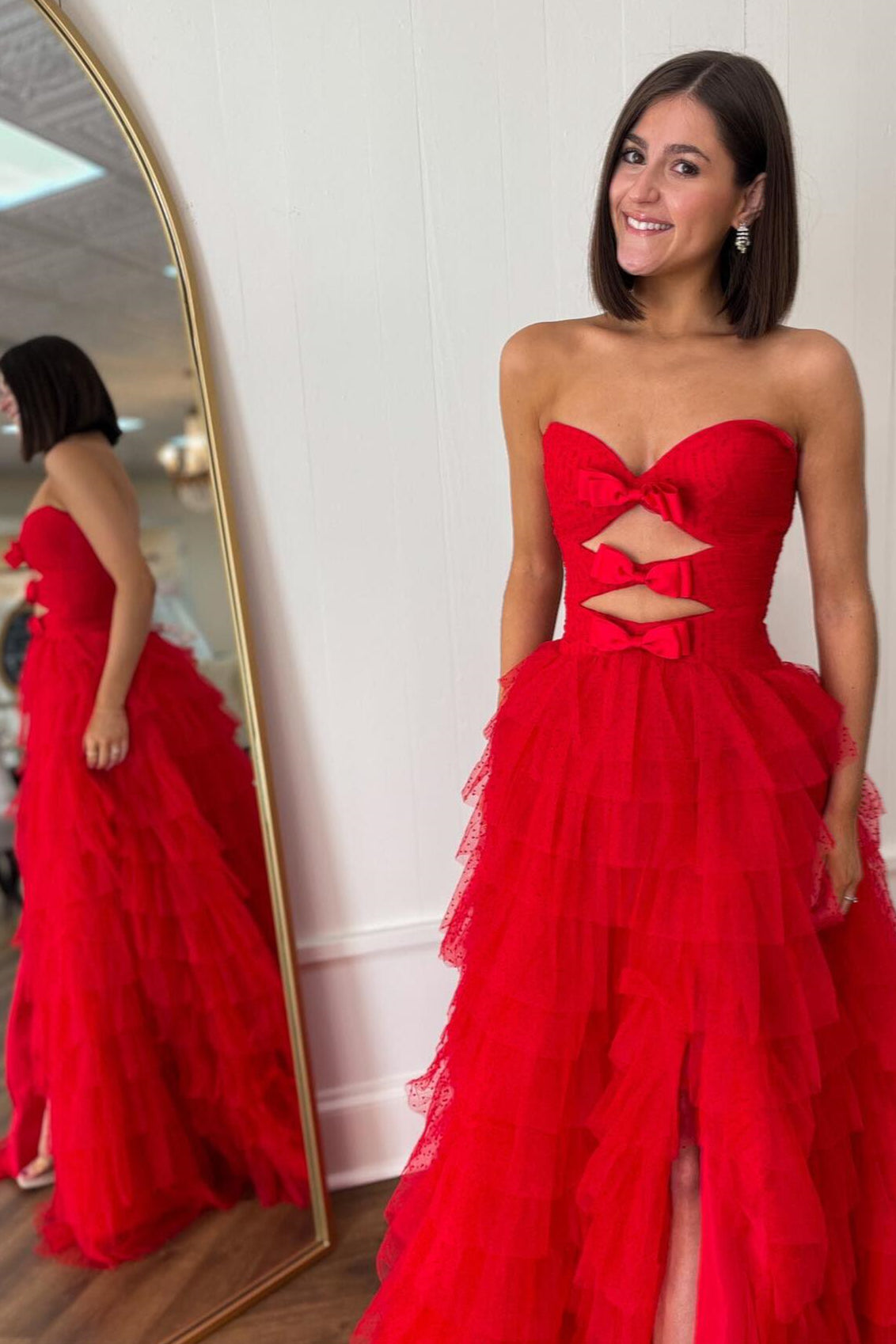Red Strapless A-line Layers Bows Long Prom Dress with Slit